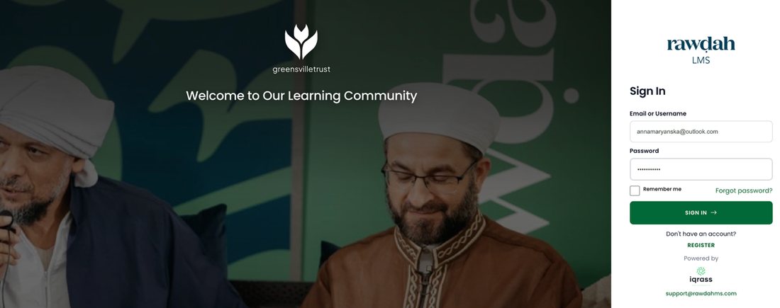 The Rawdah LMS sign-in screen — choose "Register" to get started