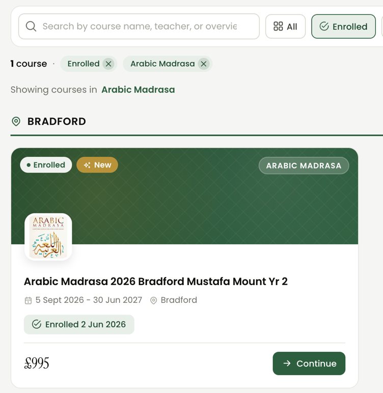 Your enrolled Arabic Madrasa course, ready to continue
