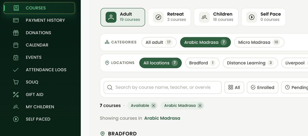 Filter by category and location to find your Arabic Madrasa