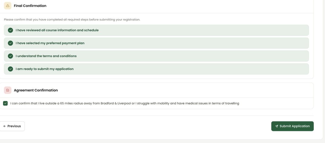 Confirm each step on the final page, then "Submit Application"